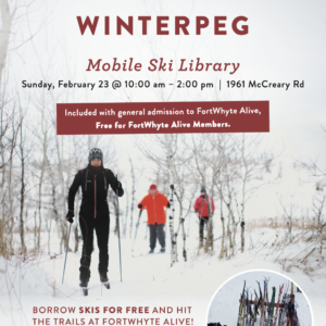 Poster showing 3 people skiing and information about the event on Sunday February 23 2025 (same details as on the webpage)